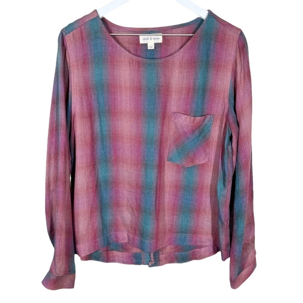 Cloth & Stone Lace Up Back Long Sleeve Plaid Top Blue Pink Size Medium